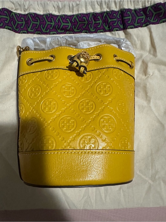Tory Burch Handbags - Tory Burch Yellow Patent Leather Mini Bucket Bag with Embossed Logo